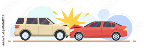 Illustration of two vehicles colliding in a car accident scene
