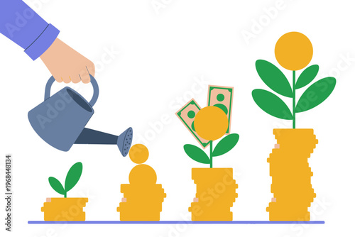 Growing money plant illustration with watering can and coins stack