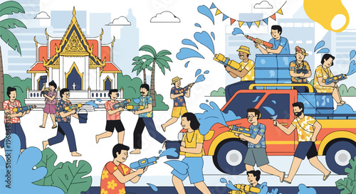 Colorful depiction of people having water gun fun, with a temple backdrop