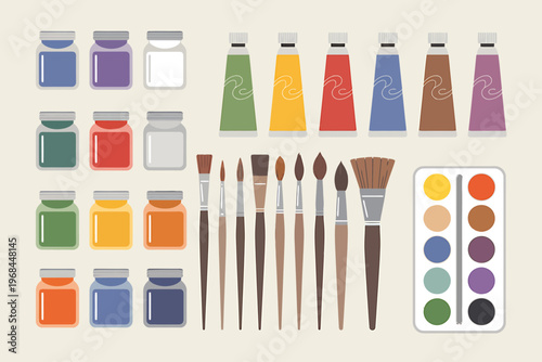 Colorful paint jars and brushes on a beige background for art and design