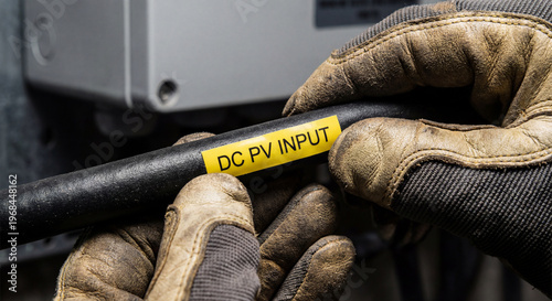 Technician Marking Old DC Cable with New DC PV Input Sticker