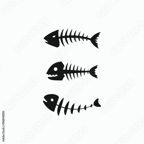 Three fish skeletons float against a plain white background. Simple black outlines define each skeletal form. Each skeleton shows a distinct fish shape with fin details