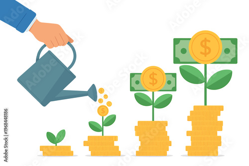 Illustration showing money growth from small investment to large wealth tree