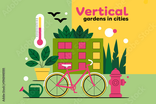 Vertical gardens in cities concept with bicycle and plants  urban greening ideas