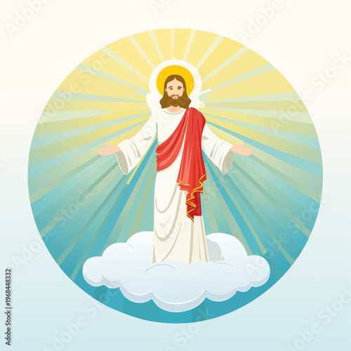 Jesus Christ standing on a cloud with open arms and divine light illustration