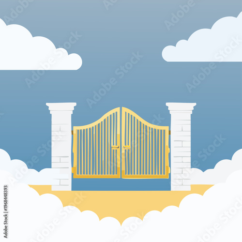 Golden pearly gates in heaven surrounded by white clouds