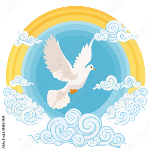 White Dove Flying with Rainbow and Clouds