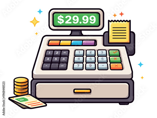 Cash register ringing up a sale, showing the final cost, printing a receipt, surrounded by coins and bills on the counter