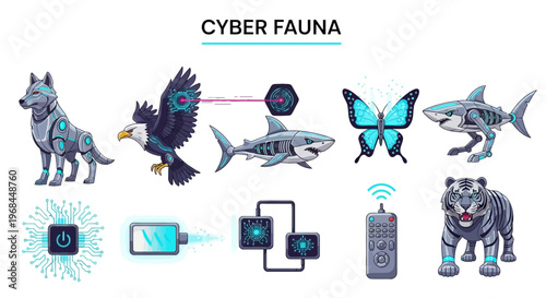 modern flat vector illustration Cybernetic animals with technology integration.