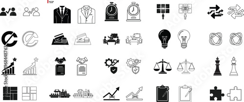 Collection of diverse business and productivity icons in monochrome style Vector