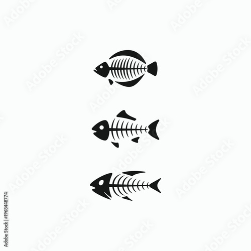 Three stylized fish skeletons float against a light background. Each skeleton shows spine, fins, and tail structure clearly. Design is minimalist, black on soft white