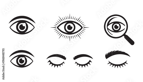 Set of eye icons, including a magnifying glass, a sunburst, and opened and closed eyes with eyelashes.