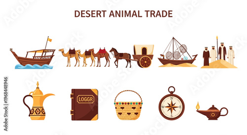 Desert animal trade and travel icons.