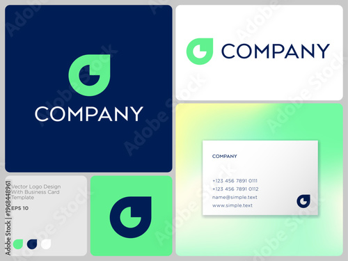 Company logo. Green  abstract shape like leaf or drop icon with  geometric shape elements. Identity, business card.