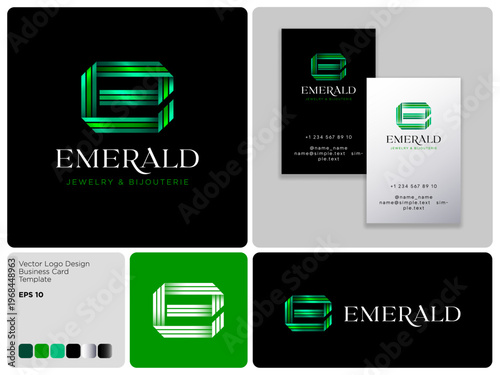 Emerald logo. E monogram, geometry letter consists of some interwoven strips  and like precious stone. Abstract icon. Identity and business card.