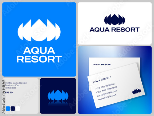 Aqua resort logo. Water drop icon, with  mirror reflections identity and business card.  Spa Hotel icon. 