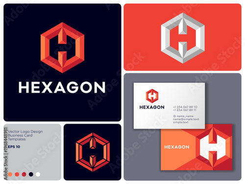 A hexagon icon on different backgrounds.  Primary colors. The letter H with cutout facets in the hexagon. Elements of brand identity, business card. 
