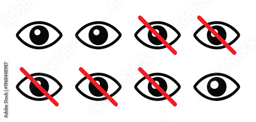 Set of eye icons with and without red diagonal lines, depicting visible and invisible states.