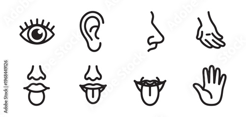 Set of eight icons representing human senses sight hearing smell taste touch hands and mouth.