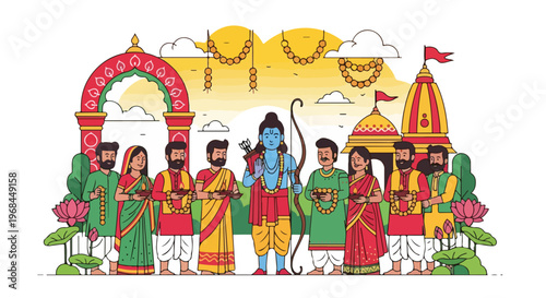 Colorful depiction of an Indian festival with people, temples, and decorations
