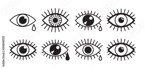 Set of minimalist celestial eye icons with thick eyelashes and teardrops in bold black and white line style.