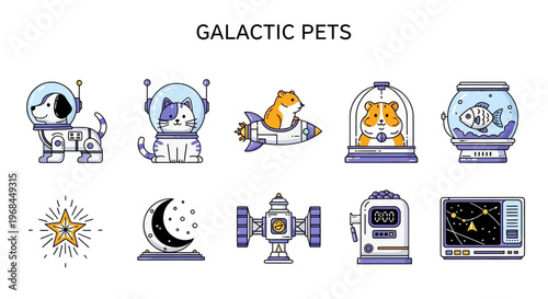 Galactic pets in space icons set.