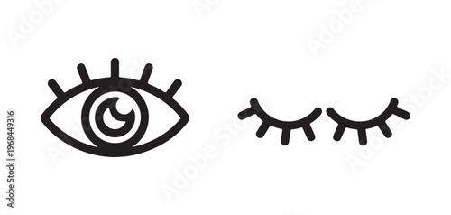Simple bold line eye icon showing open vision and closed sleeping lashes for intuitive graphic design projects.