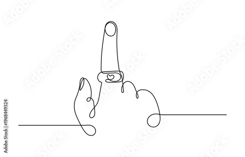 Minimalist one line art of a hand gesture showing middle finger with a heart shaped ring on it.