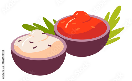 Ketchup and mayonnaise sauces in bowls with green garnish, ideal for food design, menus, and condiment concepts. Flat vector illustration.
