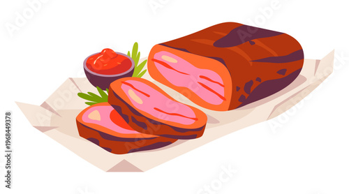 Sliced grilled meat with sauce and herbs on paper, perfect for BBQ, restaurant menus and gourmet food concepts. Vector illustration.