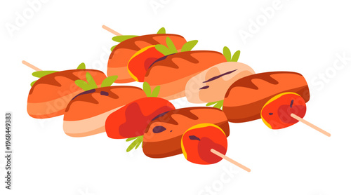 Grilled meat skewers barbecue kebab with vegetables, perfect for BBQ, street food, summer grilling and outdoor cooking concepts.