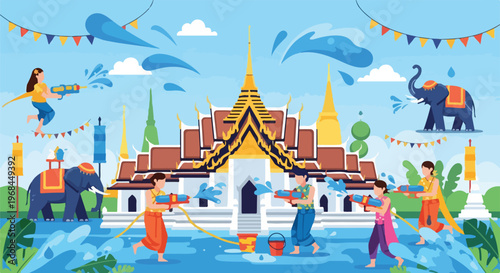 Colorful depiction of a water festival scene with people, elephants and temple