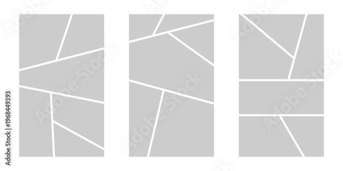 Image collage layout template. Grey mosaic mood board grid collection. Picture frame set. Photo album idea for banner, poster, comic page, flyer, brochure, booklet, memory wall design. Vector pack