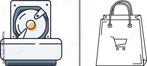 A minimalist vector graphic featuring a computer hard drive icon on the left and a shopping bag with a cart symbol on the right, representing technology and e-commerce.