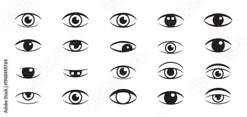 Collection of simple black and white eye icons with various pupils and shapes representing different views.