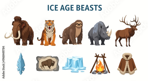 modern flat vector illustration Ice Age Animals and Survival Tools.