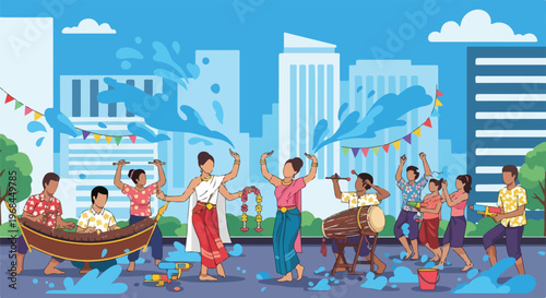 Colorful depiction of a water festival celebration with buildings in the background
