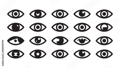 Various stylized black eye icons with different irises and shapes offering a range of visual expressions.