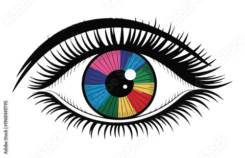 Colorful abstract eye with radiating stripes of blue pink purple green and red showing vibrant and unique vision.