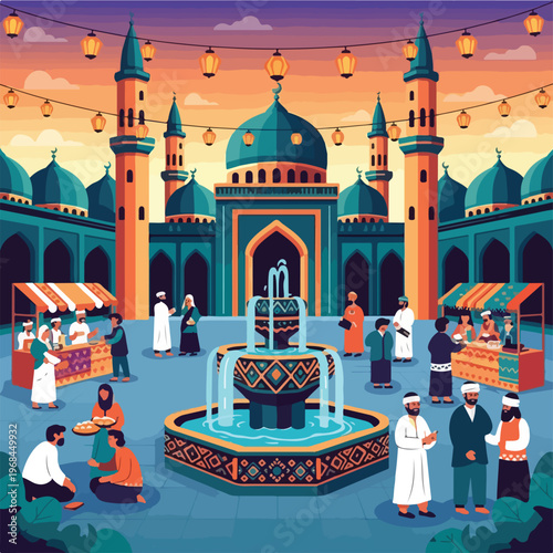 Colorful depiction of a mosque courtyard with people and a fountain