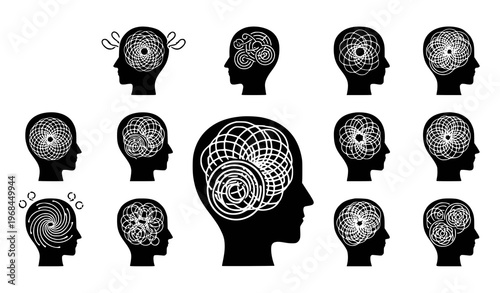 A set of black silhouette human head icons with various white line designs representing thoughts and ideas in their brains on a plain white background