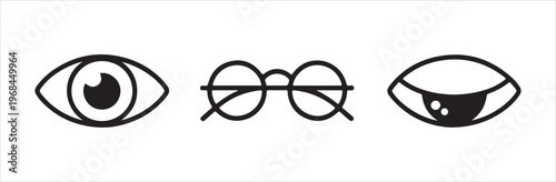 Simple line art eye icons and spectacles set for visual health vision testing and ophthalmology concepts.