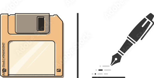 A vector illustration showing a beige retro floppy disk on the left and a fountain pen signing a document on the right, separated by a vertical line.