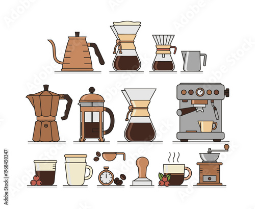 Collection of coffee equipment and accessories, showing various brewing methods, appliances, and barista tools for making hot drinks