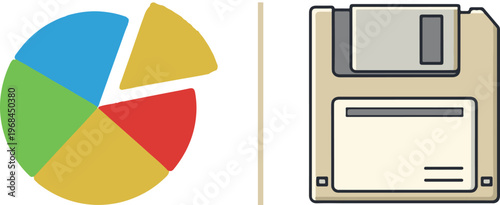 A vector illustration featuring a colorful segmented pie chart on the left and a retro floppy disk storage icon on the right, separated by a vertical line.