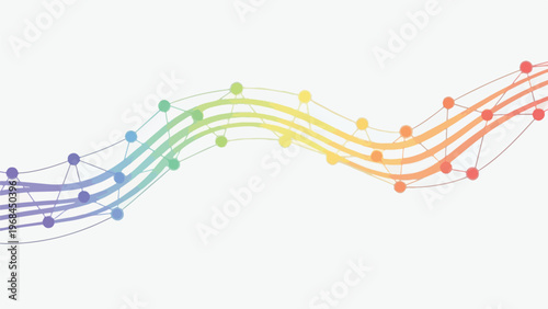 Colorful, curved lines with connected circles on a white background