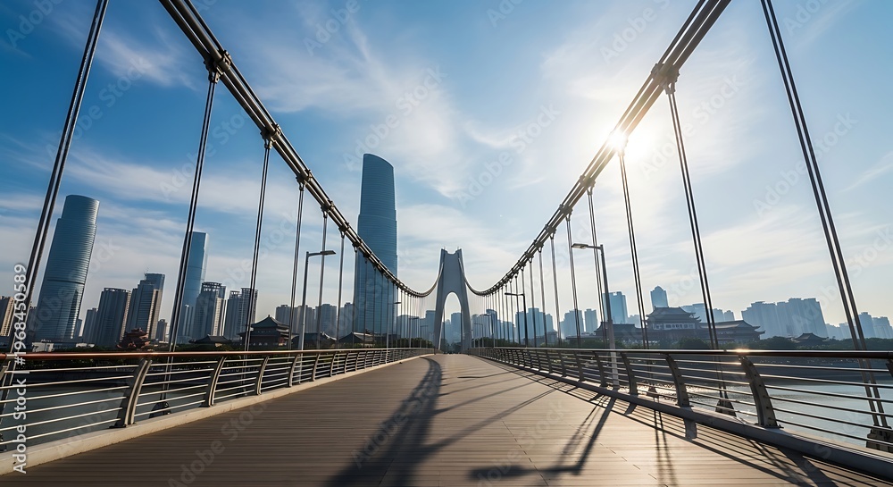Fototapeta premium Modern Suspension Bridge Leading to a City Skyline Under a Bright Sunny Sky.