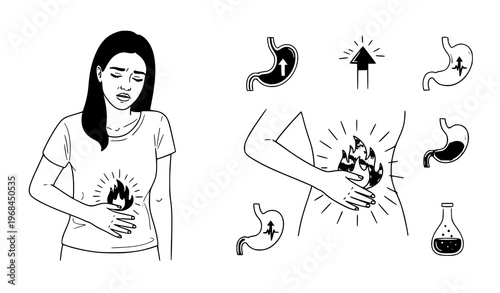 A woman experiences stomach pain and heartburn with various illustrations of stomach issues and acid reflux symptoms depicted around her.