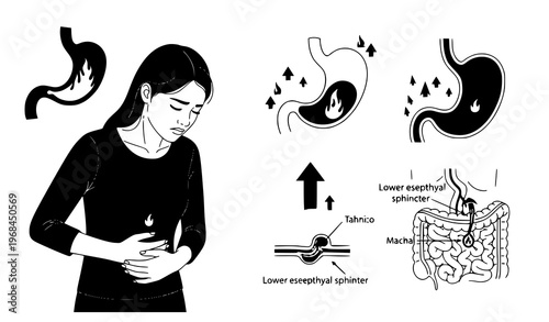 A woman experiencing stomach pain with illustrations of the digestive system and acid reflux