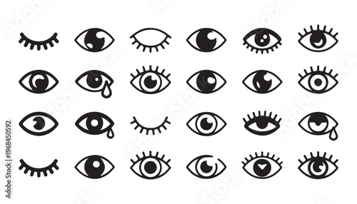 Assortment of eye icons in different styles including closed, weeping, and stylized with lashes.
